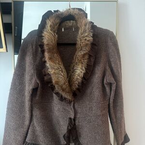 Source Unknown Brown Wool-Blend Jacket with Faux Fur Trim